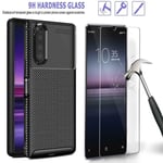 For Sony Xperia 10 Ii Case, Slim Carbon Fibre Gel Phone Cover + Tempered Glass