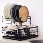 Navaris 2 Tier Dish Rack - Compact Drying Kitchen Board with Drip Tray & Cutlery Holder - Easy to Assemble and Clean Dishes - Sink Drainer Rack - Black