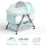 Baby Travel Crib, Baby Bassinet Bed, Travel Cot with Mattress and Mosquito Net Carry Bag, Height Adjustable Rocking Bassinet Infant Playpen Center with Toys for Boys and Girls