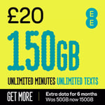 NEW EE 150GB DATA SIM Card - Preload - (6 Months) - Unlimited Mins & Texts