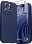 3 En 1 Coque Silicone Liquide Pour Iphone 14 Pro Max 6.7"" - Avec 2 Verre Trempé - Étui Protection Précise De Caméra [Résistant Aux Rayures] [Antidérapant], Bleu Marine