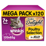 120 X 85g Whiskas Pure Delight 7+ Senior Cat Food Pouches Mixed Poultry In Jelly