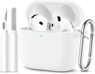 Coque Compatible avec AirPods 4 Case 2024, Étui Protection Antichoc en Silicone Souple pour Apple AirPods 4ème Generation Housse avec kit de Nettoyage et Mousqueton [LED Visible], Blanc