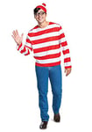 Disguise Men's Wheres Halloween, Official Adult Waldo Costume Set with Shirt and Cap with Glasses Outfit, Multicolored, Medium (38-40)