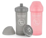 Twistshake Kid Cup 360ml - 2 Pack | Leak-Proof Baby Sippy Cup with Hard Spout and Fruit Mixer | Trainer Bottle for Kids & Toddlers | Spill-Proof Baby Water Bottles | Non-Spill & BPA-Free | Pink Grey