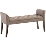 Banc banquette capitonné en tissu taupe avec pieds en bois marron foncé largeur 133cm