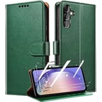 QHOHQ Tenphone Coque pour Samsung Galaxy A54 5G + 2 Pièces Verre Trempé, Etui Protection Housse Premium en Cuir PU, Antivol, Fermeture Magnétique Flip Case pour Samsung A54 5G - Vert