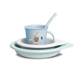 Suavinex, Set Repas Bébé, Set Vaisselle pour Enfant avec : Assiette Plate + Bol + Tasse + Cuillère. 4 Pièces. À partir 6 Mois. Compatible lave-vaisselle, Micro-onde. Forêt Bleu