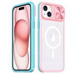 Rdyi6ba8 Clair Coque pour iPhone 15, Transparente Étui [Ne Jaunit Jamais] Protection de la Caméra Étui avec Coulisse Cache Objectif pour iPhone 15 - Rose + Vert