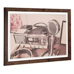 Big Box Art Framed Print of Vintage Retro Radio and Microphone Design | Wall Art Picture | Home Decor for Kitchen, Living Room, Bedroom, Hallway, Walnut, A2 / 24.5x18 Inch / 62x45cm