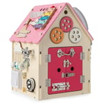 FANTASK Maison de jeu en bois pour enfants avec jeux sensoriels et espace de rangement, jouet éducatif sensoriel Montessori pour la motricité fine, cube d'activité pour enfants à partir de 3 ans, rose