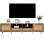 Meuble TV en rotin, Banc TV avec Pieds en Bois Massif,pour Salon, Salle à Manger Chambre Rangement Pratique Brun Clair 200x37x49cm