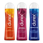 Durex - Lot De 3 Gels Lubrifiants Intimes - Hot Gel Lubrifiant Chauffant 100ml - Crazy Cherry Gel Lubrifiant Comestible 100ml - Sensitive Gel Lubrifiant Confort 100ml