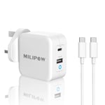 PD 65W GaN charger By Milipow,Dual Port Charger With USB-A and USB-C,Fast Charging for Apple MacBook Pro,MacBook Air,iPad Pro,More USB-C devices,iPhone 12/Pro/Max,NintendoSwitch,laptops,Phones (White)
