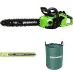 Greenworks 40V 40cm Tronçonneuse à Batterie avec Moteur Sans Balais SANS Batterie 40V et Chargeur + Original Greenworks 40cm Barre de chaîne + Sac à déchets de jardin Greenworks 120 L