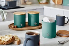 Swan Twin Pack Green - Bread Bin with Wooden Lid & Set of 3 Canisters