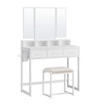 VASAGLE Coiffeuse avec Tabouret rembourré, Triple Miroir, 3 tiroirs, Porte-sèche-Cheveux, Style cosmétique, Moderne, Blanc RVT004W14