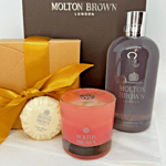 MOLTON BROWN Rose & Rhubarb Bath Shower Gel 300ml Mini Candle Soap Gift Set Bag