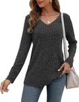 AUSELILY Womens Lightweight Jumpers Sweatshirts Casual Solid Color Pullover Sweaters V Neck Long Sleeve Tops for Women Gifts Dark Gray