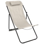 1x Matt Black/Beige Folding Metal Deck Chair Garden Beach Camping Lounger