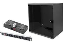 DIGITUS Set: Armoire réseau 19" 12U + Ventilateur de Toit + Bloc multiprise 7 Ports // Rack 19 Pouces - Non monté - Montage Mural - Charge 60 kg - Profondeur utile 170-270 mm - Noir