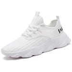 Men Running Trainers Comfortable Breathable Low Top Lace up Flat Sneakers Outdoor Lightweight Casual Jogging Gym Shoes White