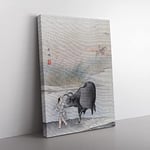 Cow At The Rivers Edge By Hashimoto Gaho Asian Japanese Canvas Wall Art Print Ready to Hang, Framed Picture for Living Room Bedroom Home Office Décor, 50x35 cm (20x14 Inch)