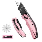 WORKPRO Cutter Professionnel Pliant, Cutter Utilitaire avec Mécanisme de Changement Rapide, Cutter Rose avec 10 Lames SK5 Supplémentaires, Idéal pour Coupe