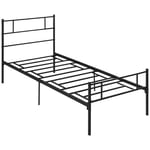 HOMCOM Cadre de lit 90 x 190 cm lit Simple en Acier avec sommier à Lattes, tête de lit et Pied de lit, Hauteur 31 cm avec Rangement sous Le lit, Noir