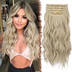 FESHFEN Extension de Cheveux à Clips, 4 PCS Longue Ondulées Bouclées Synthétique Naturel Postiche Cheveux Extensions de Cheveux pour Femme 50 cm Blond beige clair mélangé à un blond crème