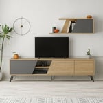 Meuble tv 180cm avec étagère murale en chêne et anthracite - Fiona