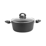 Sitram 711707, Faitout Granité diam. 24 cm en aluminium forgé revêtement noir anti-adhérent sans PFOA - aspect pierre - couvercle en verre - tous feux dont induction