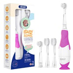 Seago Brosse à Dents électrique pour Enfants de 6 mois à 4 ans,étanche, Minuterie Intelligente,Lampes à LED de Couleur et 4têtes de Brosse,Batterie Brosse à Dents Pour Bébé à Piles SG513 (Violet)