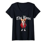 Womens Corgi Dog The Boss Cool Jacket Outfit Dog Mom Dad V-Neck T-Shirt
