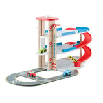 New Classic Toys 11040 Parkhaus mit Schiene und 3 Autos Wooden Parking Garage with Track and 3 Cars for Preschool Age Toddlers Boys Girls, Multi Color