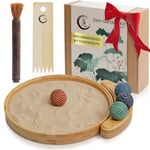 ENSO - Kit de Jardin Zen Japonais pour Bureau - Coffret d'outils et Accessoires de Jardin pour Bureau - Grand Plateau Rond en Bambou de 30,5 cm, 4 sphères de Tampon, Sable Naturel, râteau - Mini