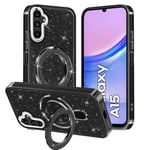 TVVTPU Coque pour Samsung Galaxy A15 4G/5G avec Magnétique Anneau Support de Bague, Etui à Paillettes Glitter Transparente Silicone Souple TPU Antichoc Anti-Rayures Protection Case, Noir