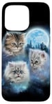 Coque pour iPhone 15 Pro Max Trois chats mignons engloutis dans les nuages de galaxie sous la lune glacée