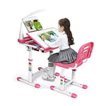 GOPLUS Bureau Enfant avec Chaise Hauteurs Réglables, Angle de Bureau Réglable 0°-40°, Lampe de Direction Ajustable, Support de Livres, Tiroir de Rangement Coulissant et Crochet, Charge 80KG (Rose)