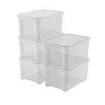 Keter Lot de 5 boîtes de rangement en plastique avec couvercle en T Box L, transparentes, idéales pour vêtements et comme rangement, adaptées pour armoires et garages, 47 L, 55 x 39 x 28 cm