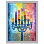 Jewish Menorah Candles Multicolour Folk Art Watercolour Painting Artwork Framed Wall Art Print A4