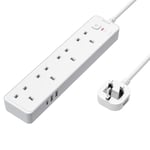 Mscien 1.8M Extension Lead with USB Slots, 4 Way 3 USB(3.4A, 1 USB C, 2 USB A) Extension Socket, Extension Cable with Surge Protected Power Strips, 13A UK Multi Plug witch 2 Metres 3250W