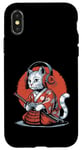 Coque pour iPhone X/XS Japon Kawaii Cat Samurai Casque Casque Manette de Jeu Vidéo