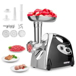 Geepas Electric Meat Grinder – Stainless Steel Meat Mincer & Sausage Stuffer, Food Grinding Mincing Machine with Kibbe – 3 Different Cutting Plates, Reverse Function, Plastic Housing (Black)