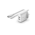 Belkin Boost Charge Dual USB-A Wall Charger 24W + USB-A to Lightning Cable (for iPhone 14 and 13 series, iPad, AirPods, more)