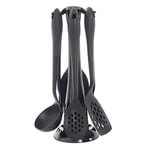 6 Piece Black Kitchen Utensils Cooking Food Serving Tool Set with Rotating Stand - Spoons Ladle Turner Fish Slice Spaghetti Server