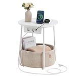 VASAGLE Petite Table Basse Ronde, Table d’Appoint avec Panier en Tissu et Multiprise, Rangement, pour Salon, Chambre, Table de Chevet, Style Moderne, Blanc Mat et Marron Camel LET228W02