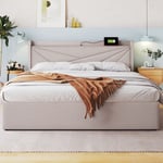 Lit coffre Lit adulte double 180 x 200 cm. chargement usb type c. en Lin. Beige. Sans Matelas