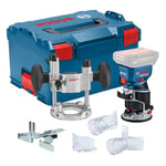 Bosch Professional 18V System Défonceuse portative GKF 18V-8 (butée longit., 2xadapt.aspi.surfaç,écran protection,pince 8mm,clé,base plongeante TE,2x adapt.aspi.base plongeante,L-BOXX,sans batt/charg)