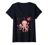 Womens Octopus With Heart Balloons Valentines Day Octopus V-Neck T-Shirt